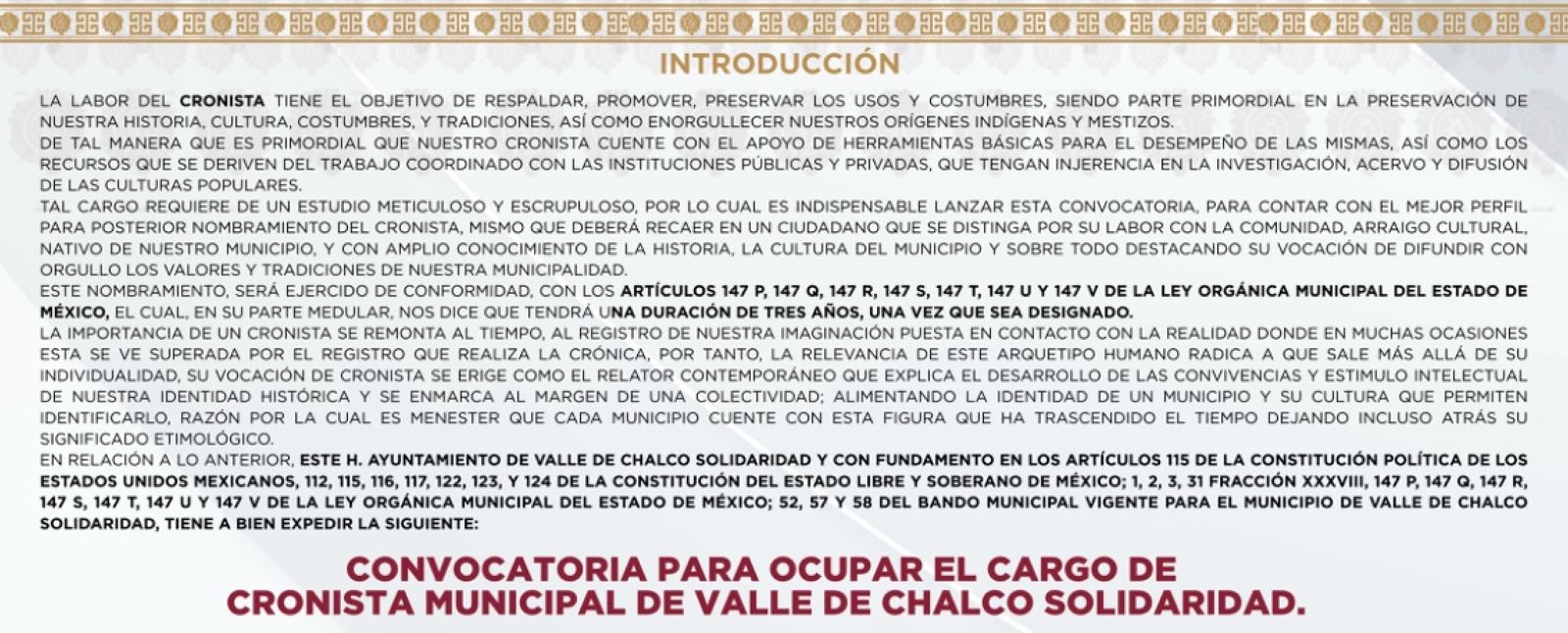 CONVOCATORIA PARA OCUPAR EL CARGO DE CRONISTA MUNICIPAL DE VALLE DE CHALCO SOLIDARIDAD